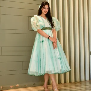 Green shibori organza dress