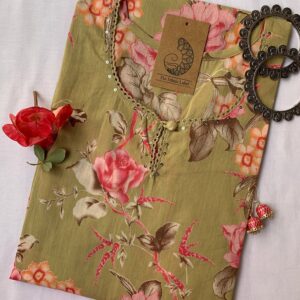 Green Pink Carnation Flora Laced Cotton Kurta