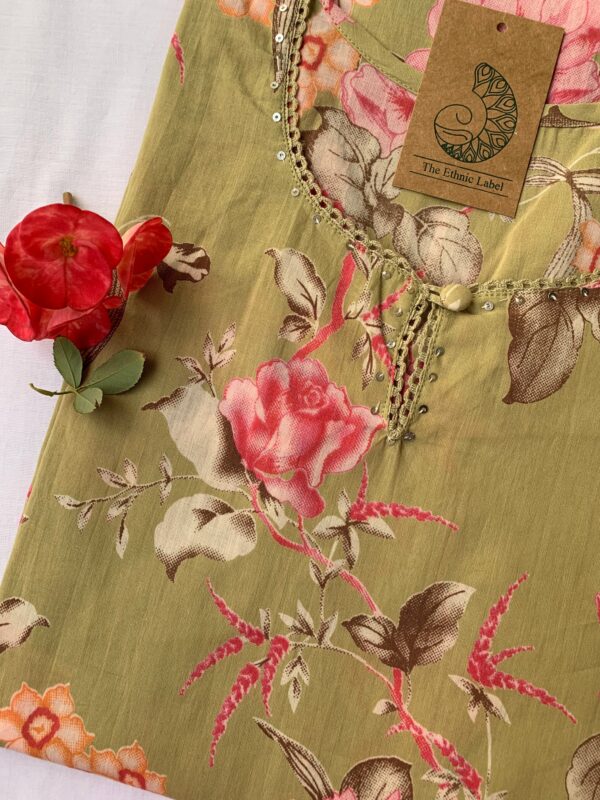 Green Pink Carnation Flora Laced Cotton Kurta - Image 2