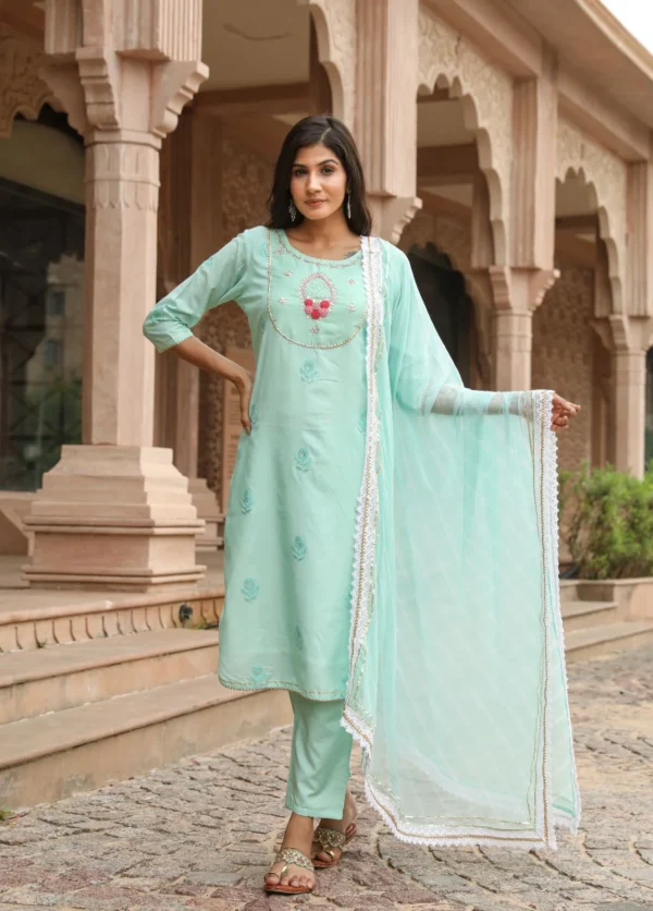 Luxurious Pastel Turquoise Festive suit set (3 Piece) - Image 4