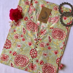 Green Peach Floral Cotton Kurta - Big Size