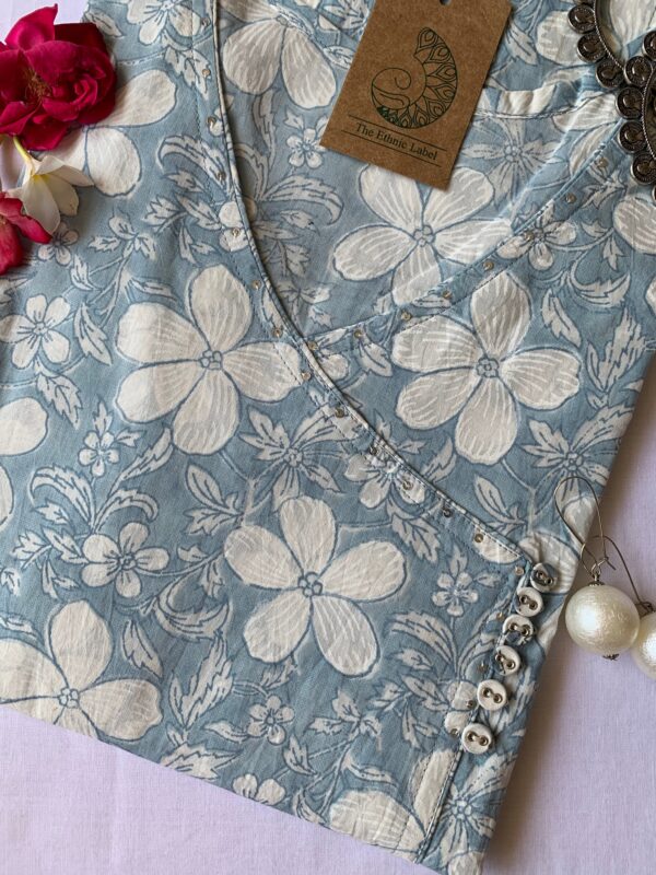 Grey "Lilly" Hand block printed Angrakha Cotton Kurta - Image 2