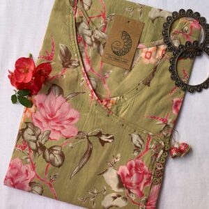 Green Pink Carnation Flora Angrakha Cotton Kurta
