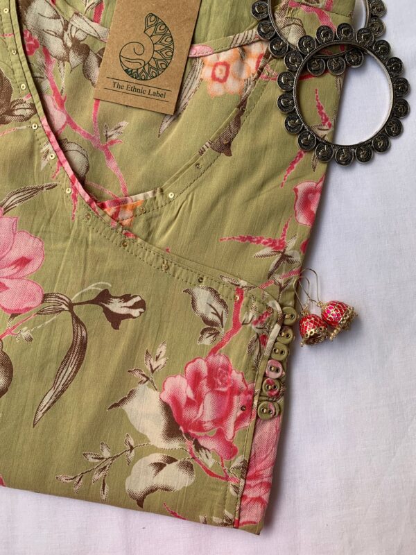 Green Pink Carnation Flora Angrakha Cotton Kurta - Image 2