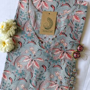 Grey-Peach Flora Angrakha Cotton Kurta - M