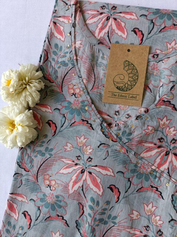 Grey-Peach Flora Angrakha Cotton Kurta - M - Image 2