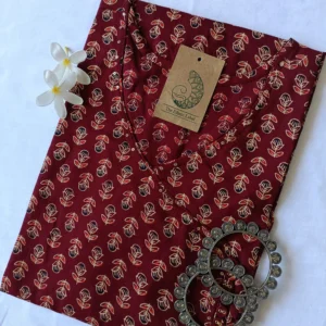 Hand Block Printed Maroon Boota Angrakha Cotton Kurta - M