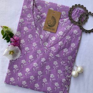 Hand Block Printed "Daisy" Lavender Angrakha Cotton Kurta
