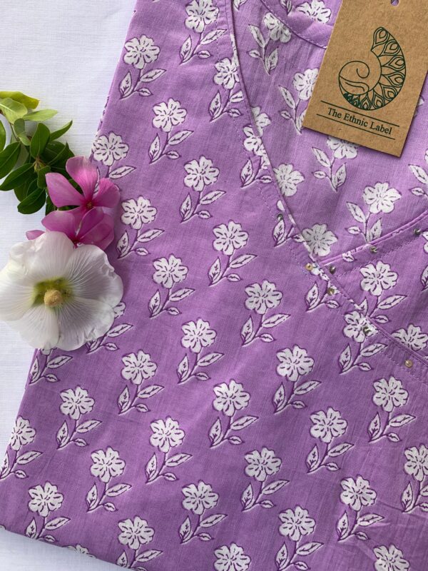 Hand Block Printed "Daisy" Lavender Angrakha Cotton Kurta - Image 3