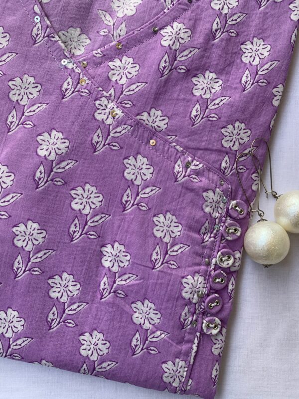 Hand Block Printed "Daisy" Lavender Angrakha Cotton Kurta - Image 2