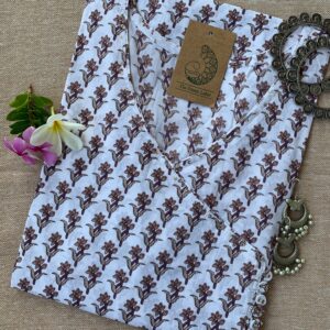 Hand Block Printed White Boota Angrakha Cotton Kurta