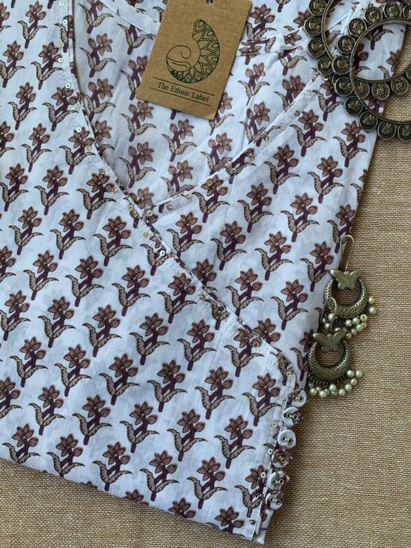 Hand Block Printed White Boota Angrakha Cotton Kurta - Image 2