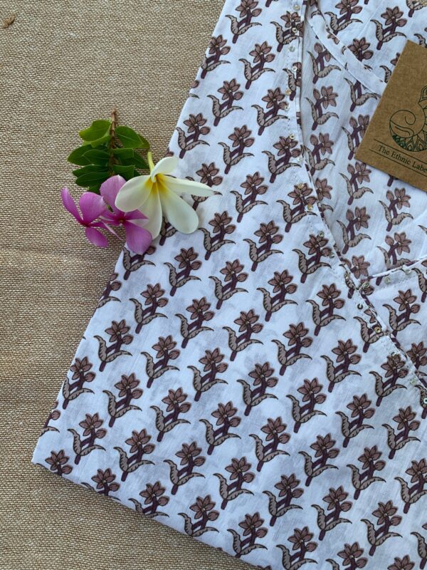 Hand Block Printed White Boota Angrakha Cotton Kurta - Image 3
