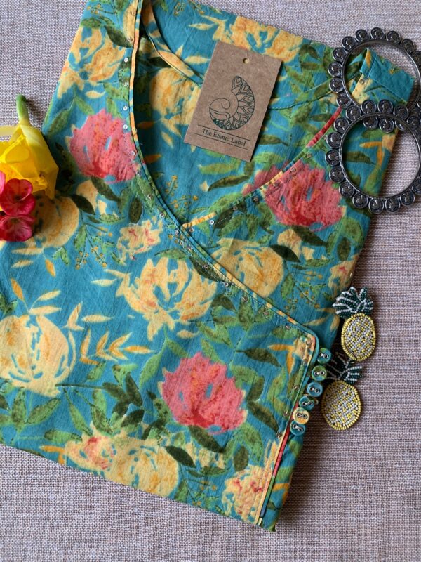"Daffodils" Sanganer Hand Block Printed Angrakha Cotton Kurta - Image 2
