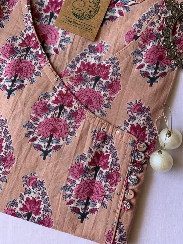 "Butterscotch" Violet Hand block printed Angrakha Cotton Kurta - Image 2
