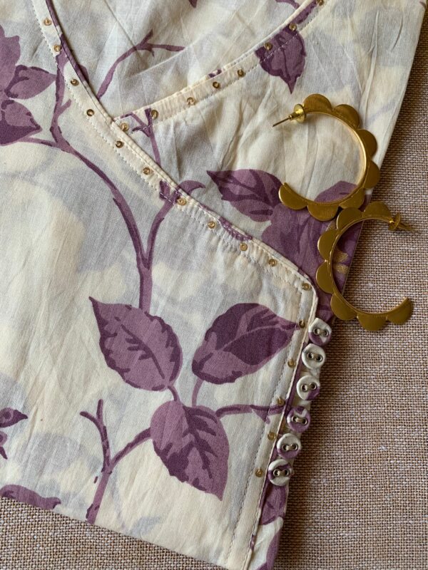 Cream Purple "Gold" Angrakha Cotton Kurta - Image 4