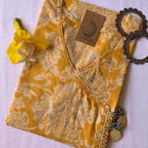 "Basant" Yellow Floral Angrakha Cotton Kurta