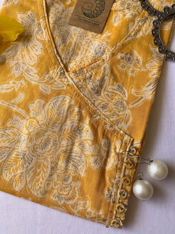 "Basant" Yellow Floral Angrakha Cotton Kurta - Image 2