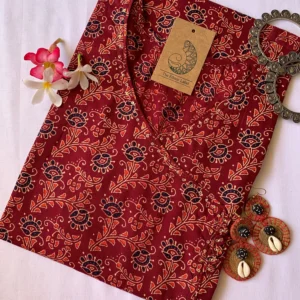 Hand Block Printed Maroon Ajrakh Angrakha Cotton Kurta - M