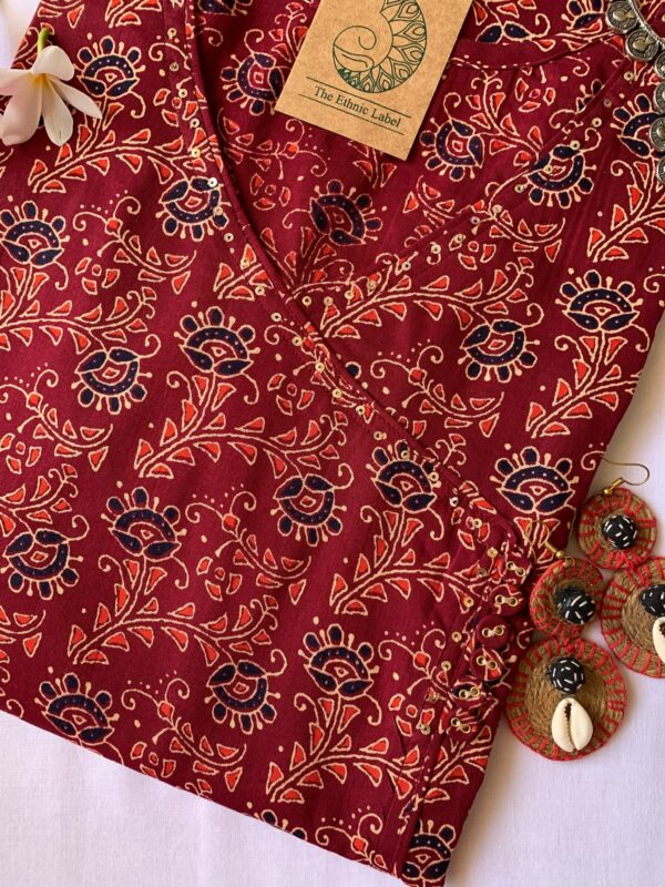Hand Block Printed Maroon Ajrakh Angrakha Cotton Kurta - M - Image 2