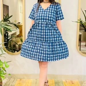 INDIGO BLOCK PRINT FLARED DRESS