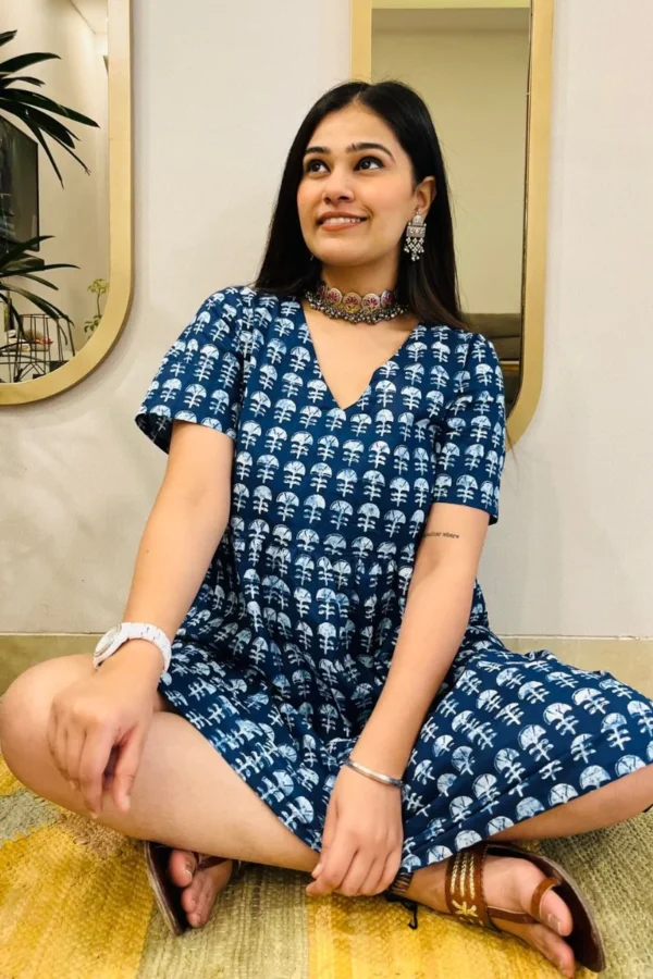 INDIGO BLOCK PRINT FLARED DRESS - Image 3