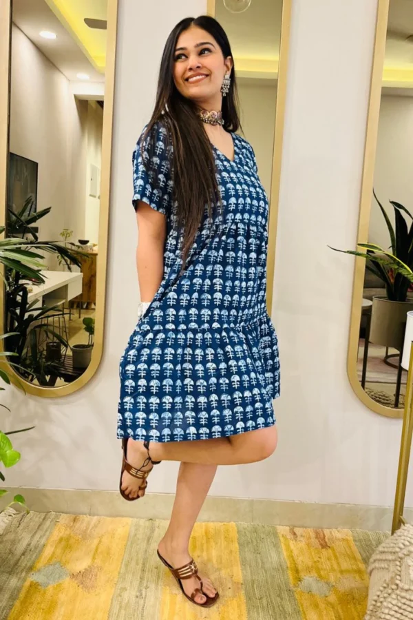 INDIGO BLOCK PRINT FLARED DRESS - Image 4