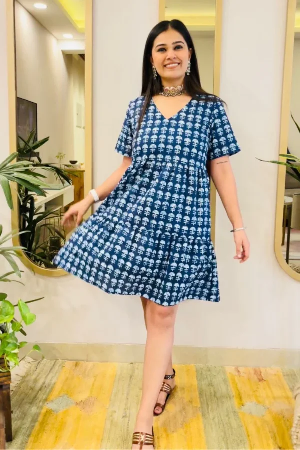 INDIGO BLOCK PRINT FLARED DRESS - Image 5