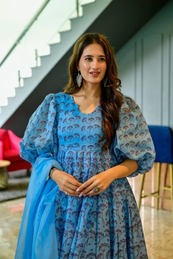 aqua floral chanderi maxi set - Image 2