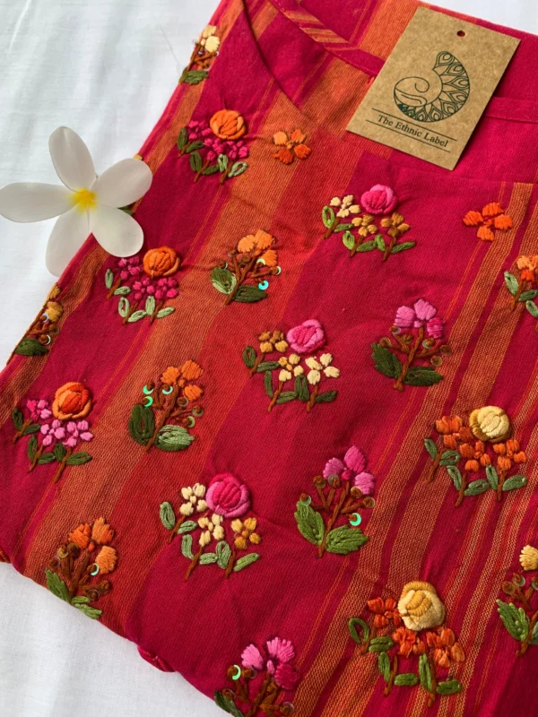 Dark pink embroidered cotton kurta - XL - Image 2